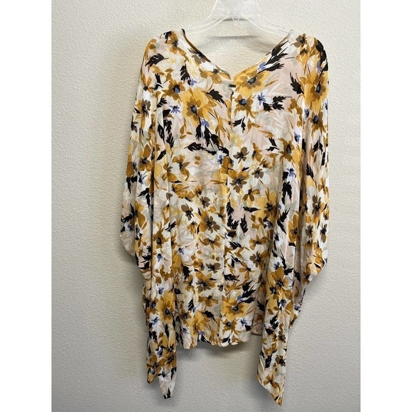 O'Neill Floral Coverup Tunic Size M/L Dolman Sleeves Mustard Yellow Cream - Picture 8 of 10